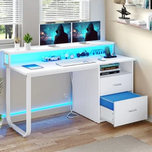 Computer Desk with Power Outlets & LED Lights